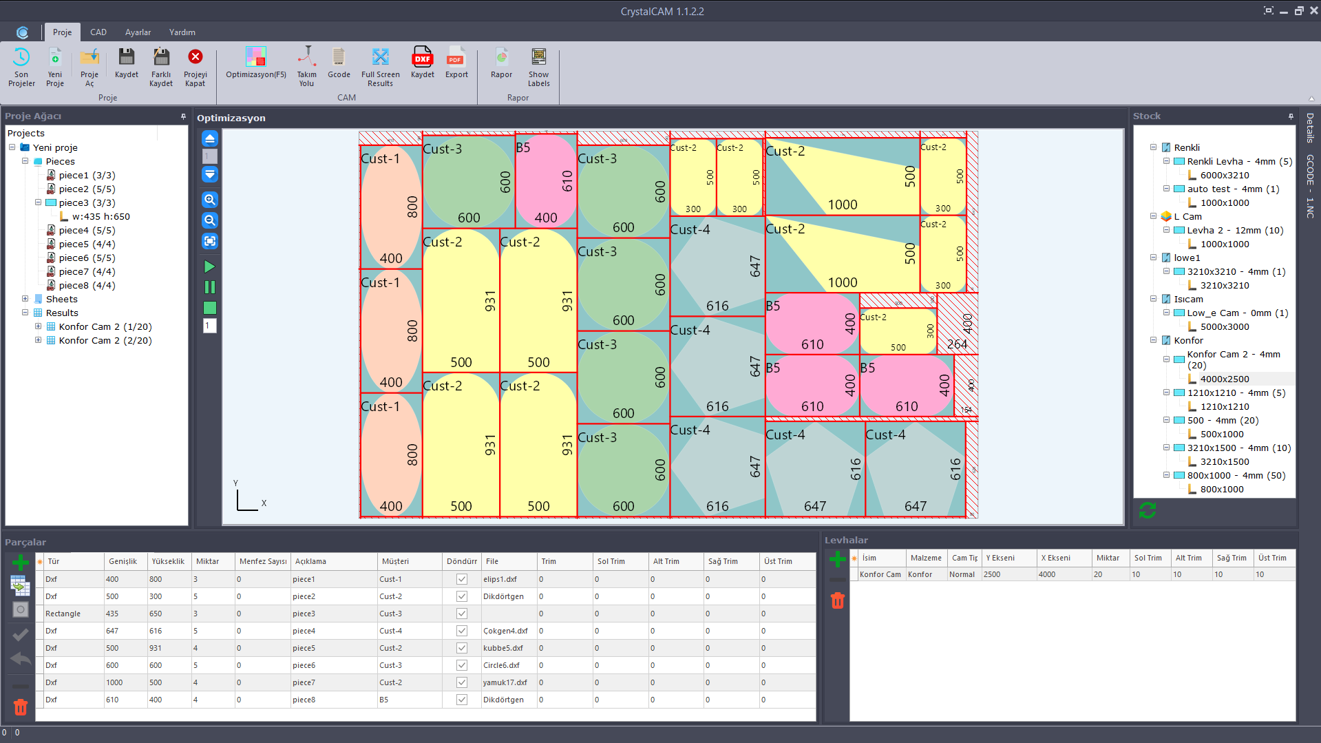 CrystalCAM optimizasyon, seçenekler ve şekil oluşturma ekranı
