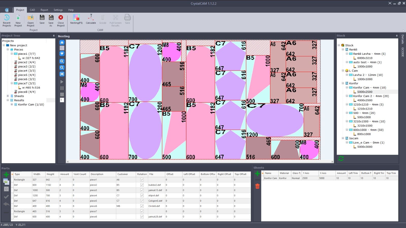 CrystalCAM - Cam Kesim Optimizasyon Yazılımı Arayüzü