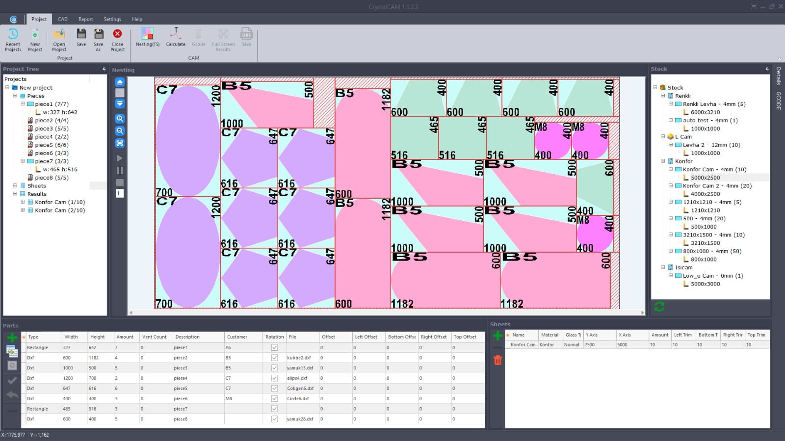 CrystalCAM optimization, options and shape creation screen